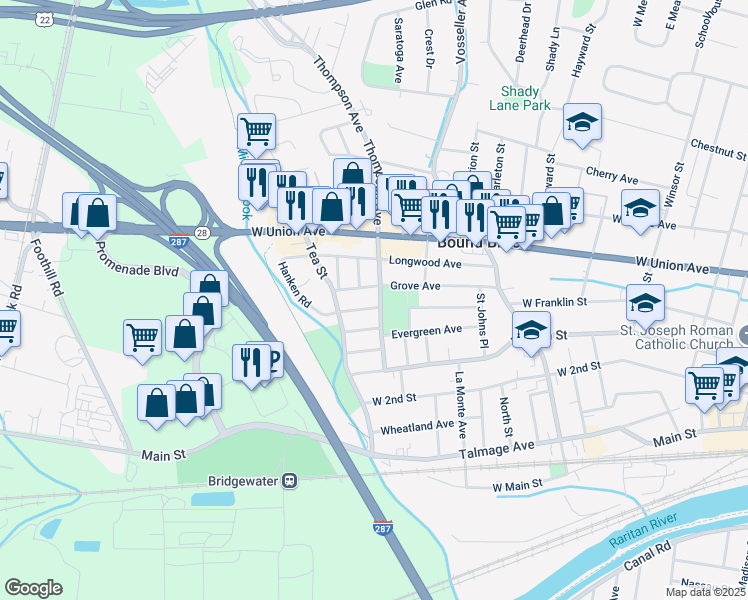 map of restaurants, bars, coffee shops, grocery stores, and more near 520 Grove Avenue in Bound Brook