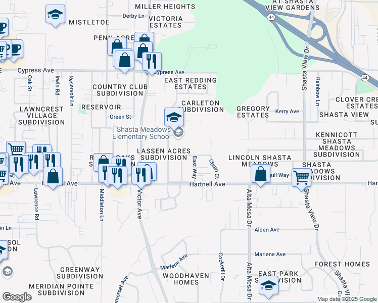 map of restaurants, bars, coffee shops, grocery stores, and more near 1922 Vale Drive in Redding