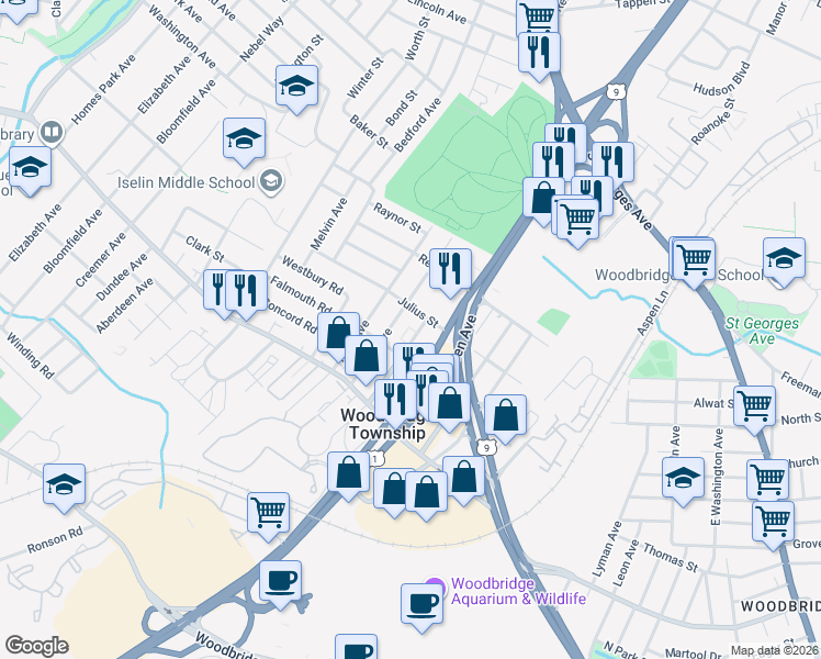 map of restaurants, bars, coffee shops, grocery stores, and more near 914 Montague Avenue in Woodbridge Township