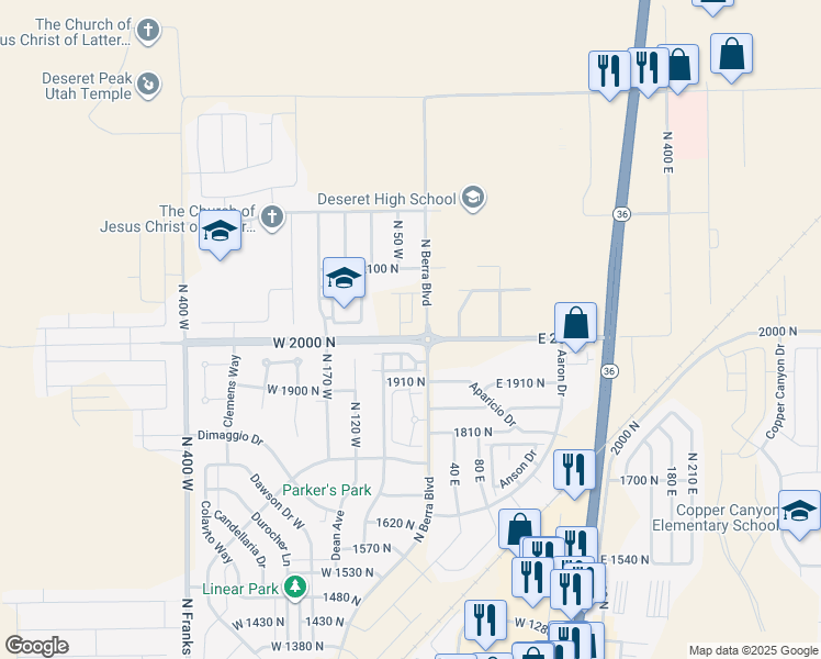 map of restaurants, bars, coffee shops, grocery stores, and more near 25 West Pearson Lane in Tooele