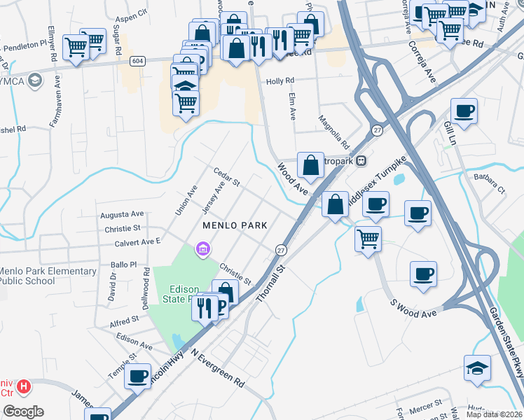 map of restaurants, bars, coffee shops, grocery stores, and more near 29 Tower Road in Edison