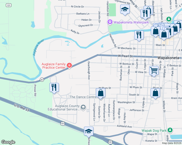 map of restaurants, bars, coffee shops, grocery stores, and more near 813 West Vine Street in Wapakoneta