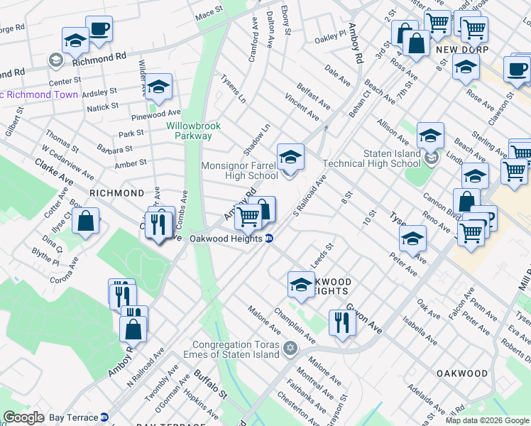 map of restaurants, bars, coffee shops, grocery stores, and more near 72 Farrell Court in Staten Island