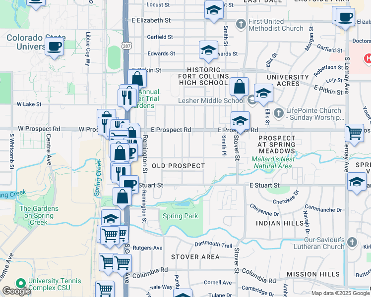 map of restaurants, bars, coffee shops, grocery stores, and more near 1613 Peterson Place in Fort Collins