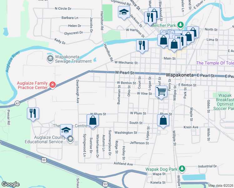 map of restaurants, bars, coffee shops, grocery stores, and more near 501 Buchanan Street in Wapakoneta