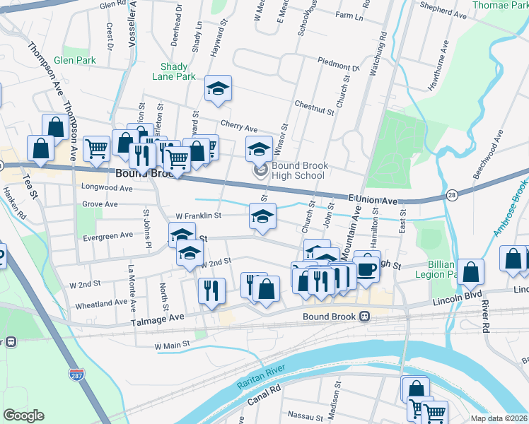 map of restaurants, bars, coffee shops, grocery stores, and more near 59 West Franklin Street in Bound Brook