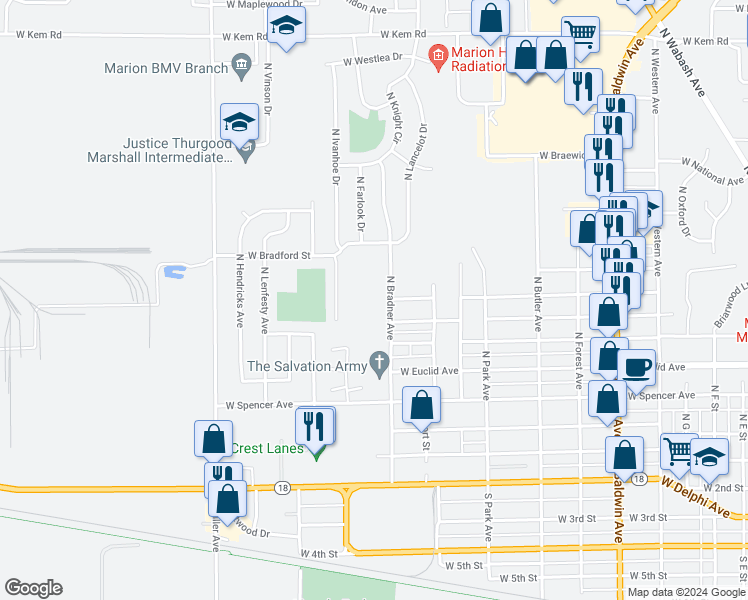map of restaurants, bars, coffee shops, grocery stores, and more near 505 North Bradner Avenue in Marion