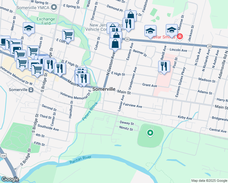 map of restaurants, bars, coffee shops, grocery stores, and more near 226 East Main Street in Somerville