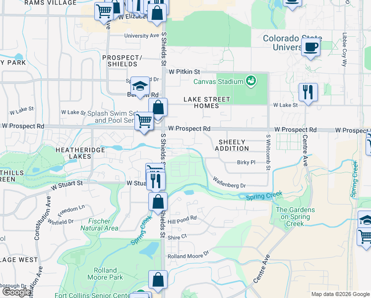 map of restaurants, bars, coffee shops, grocery stores, and more near 1050 Hobbit Street in Fort Collins