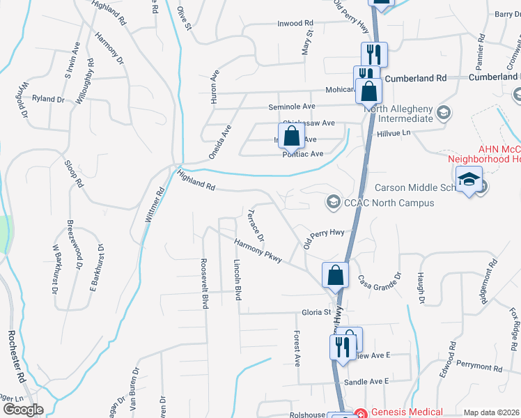 map of restaurants, bars, coffee shops, grocery stores, and more near 8784 Terrace Drive in Pittsburgh