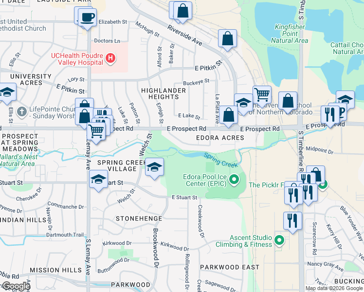 map of restaurants, bars, coffee shops, grocery stores, and more near 1452 Edora Road in Fort Collins