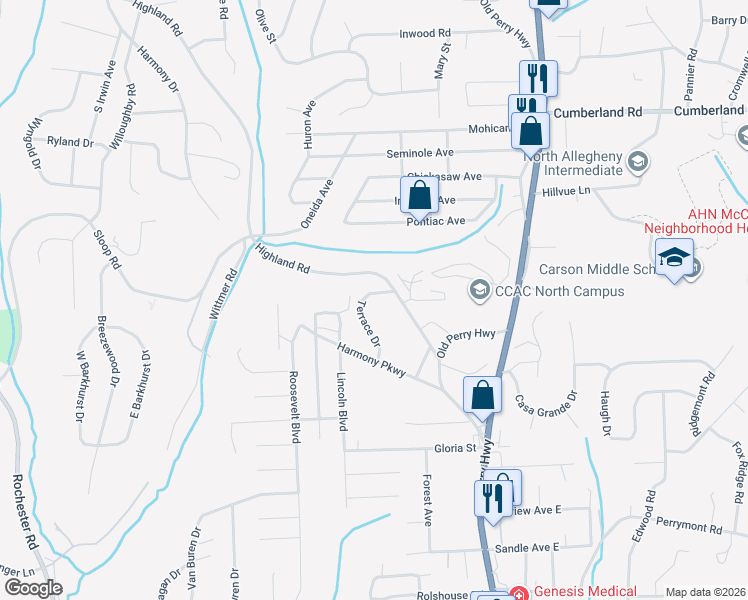 map of restaurants, bars, coffee shops, grocery stores, and more near 8784 Terrace Drive in Pittsburgh