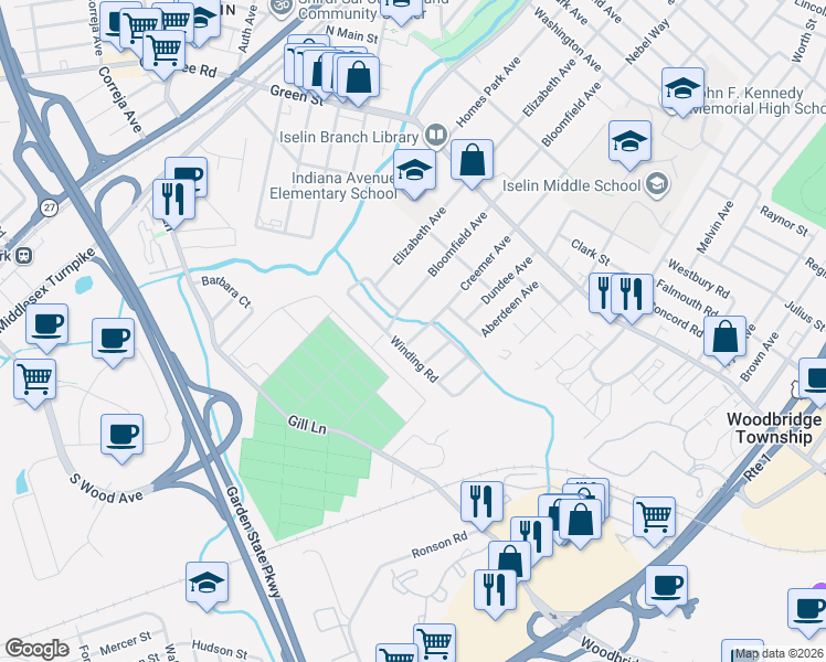 map of restaurants, bars, coffee shops, grocery stores, and more near 16 Joel Place in Woodbridge Township