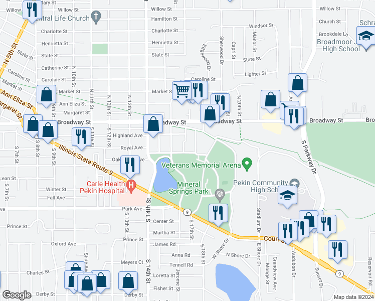 map of restaurants, bars, coffee shops, grocery stores, and more near 1703 Royal Avenue in Pekin