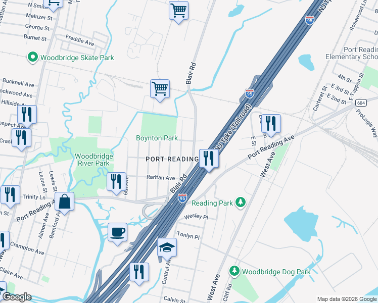 map of restaurants, bars, coffee shops, grocery stores, and more near 101 Blair Road in Woodbridge Township