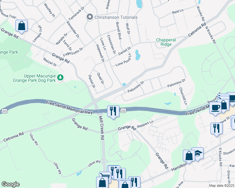 map of restaurants, bars, coffee shops, grocery stores, and more near 6223 Shetland Court in Allentown