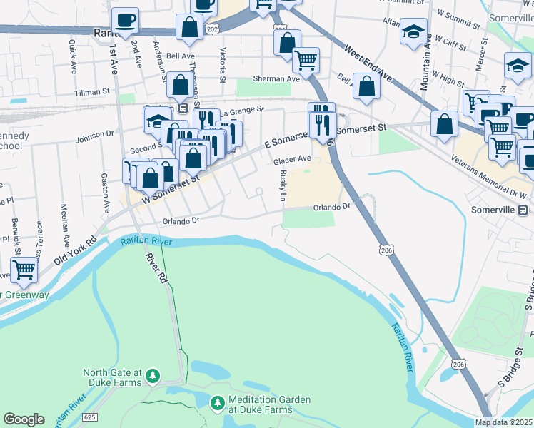 map of restaurants, bars, coffee shops, grocery stores, and more near 100 River Park Dr in Raritan