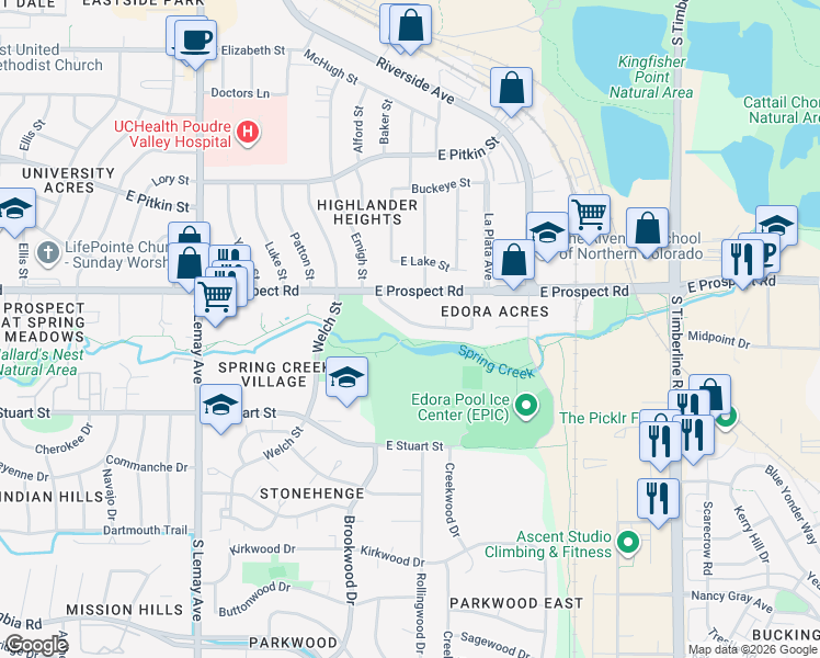 map of restaurants, bars, coffee shops, grocery stores, and more near 1452 Edora Road in Fort Collins