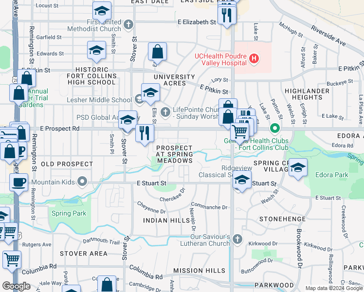 map of restaurants, bars, coffee shops, grocery stores, and more near in Fort Collins
