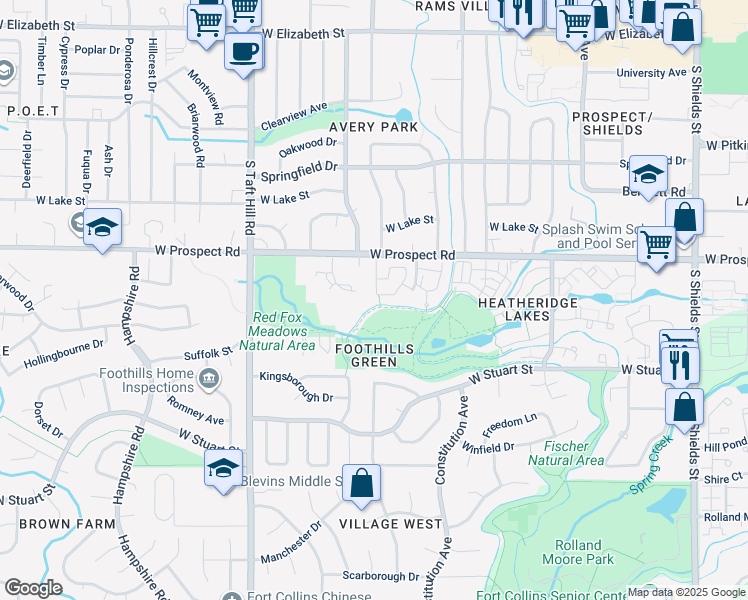 map of restaurants, bars, coffee shops, grocery stores, and more near 16 Westbridge Drive in Fort Collins