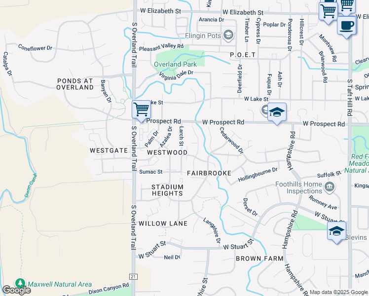 map of restaurants, bars, coffee shops, grocery stores, and more near 2727 Holly Place in Fort Collins