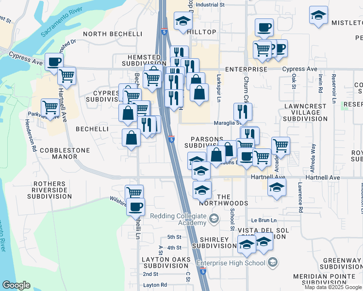 map of restaurants, bars, coffee shops, grocery stores, and more near 2851 June Street in Redding