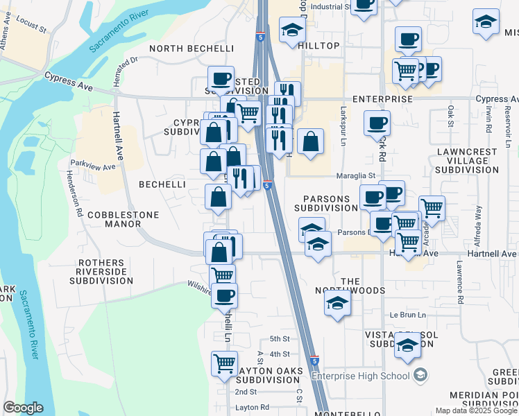 map of restaurants, bars, coffee shops, grocery stores, and more near 2839 Duane Avenue in Redding