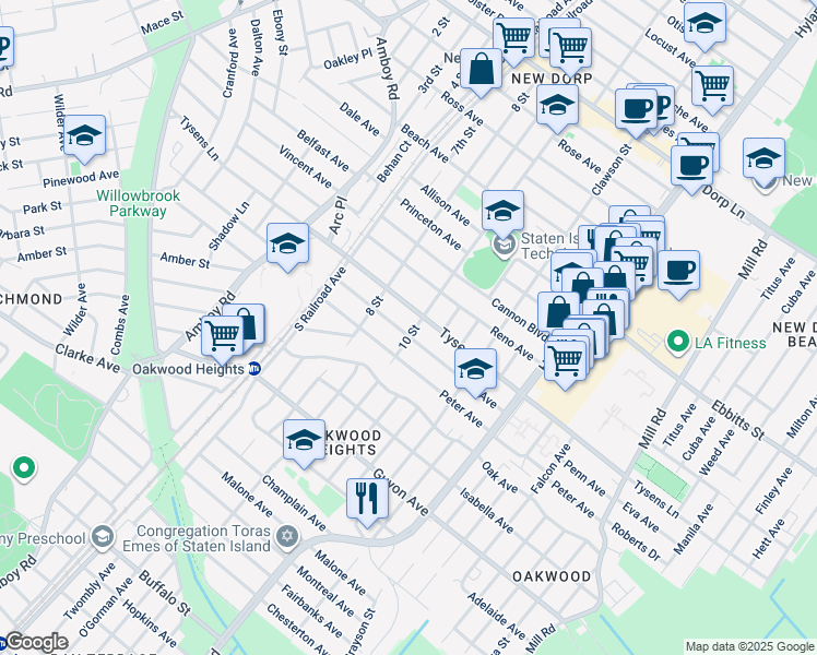 map of restaurants, bars, coffee shops, grocery stores, and more near 89 Penn Avenue in Staten Island