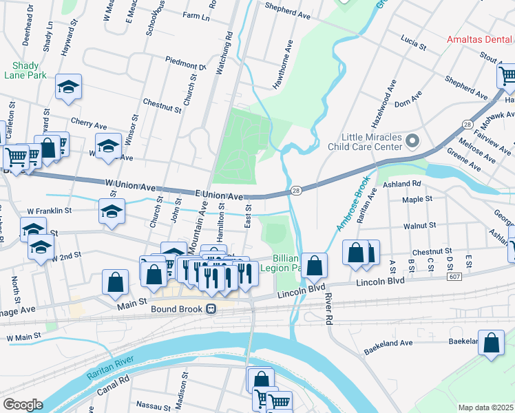 map of restaurants, bars, coffee shops, grocery stores, and more near 500 East Union Avenue in Bound Brook