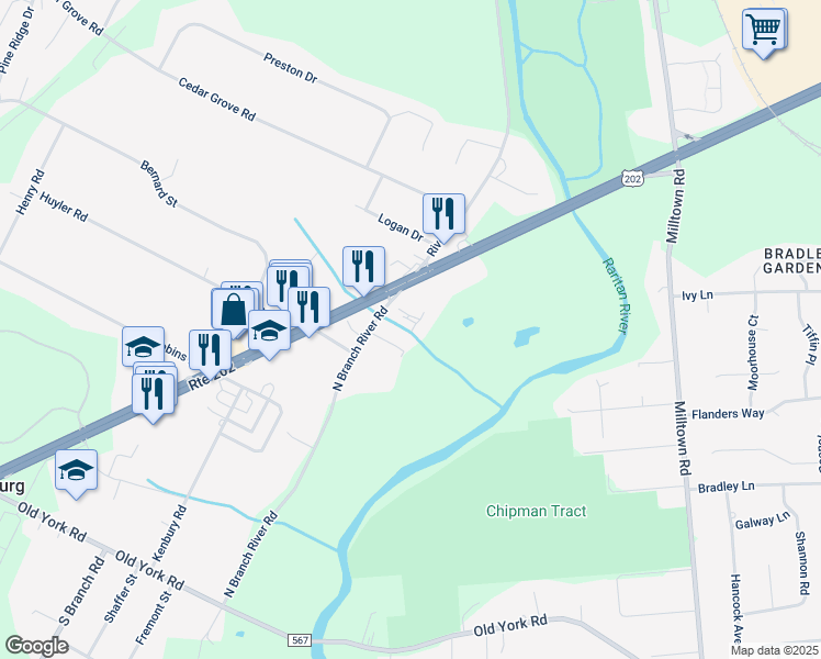 map of restaurants, bars, coffee shops, grocery stores, and more near 113 River Road in Branchburg