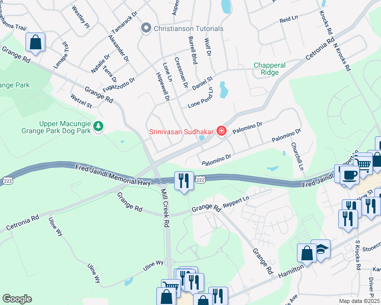 map of restaurants, bars, coffee shops, grocery stores, and more near 6223 Shetland Court in Allentown