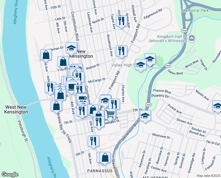 map of restaurants, bars, coffee shops, grocery stores, and more near 237 Freeport Road in New Kensington