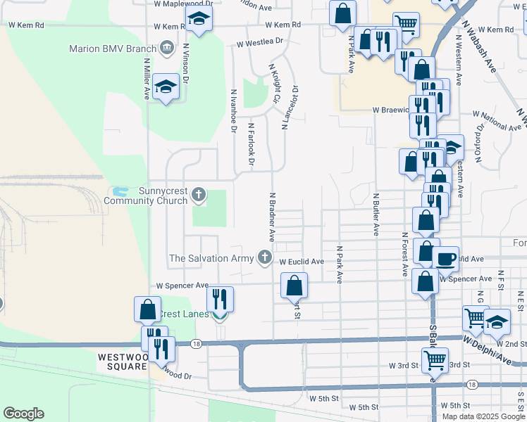 map of restaurants, bars, coffee shops, grocery stores, and more near 505 North Bradner Avenue in Marion