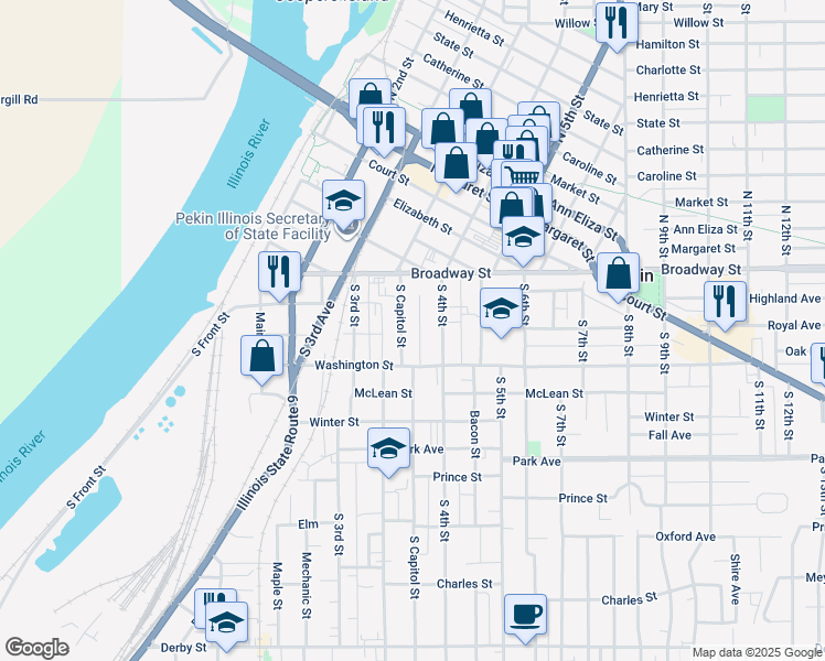map of restaurants, bars, coffee shops, grocery stores, and more near 344 South Capitol Street in Pekin