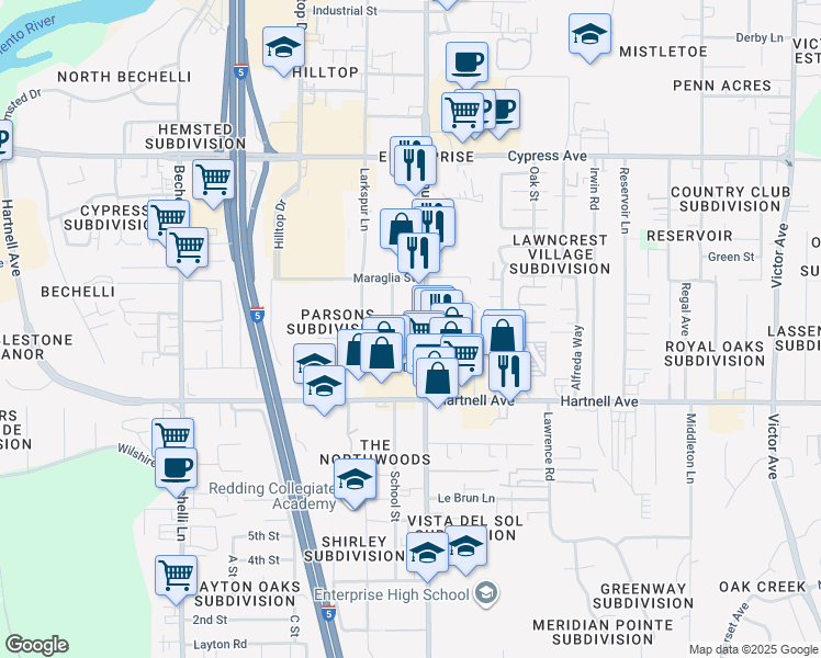 map of restaurants, bars, coffee shops, grocery stores, and more near 2870 Churn Creek Road in Redding
