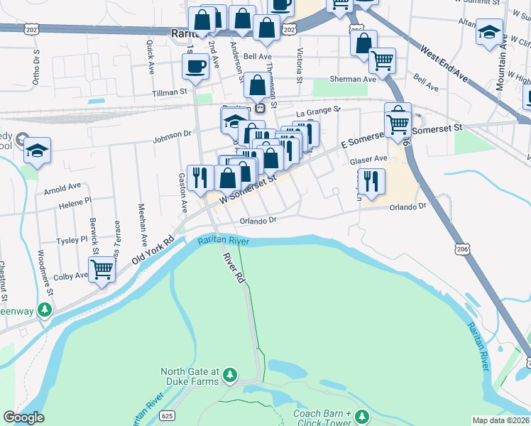map of restaurants, bars, coffee shops, grocery stores, and more near 25 Canal Street in Raritan