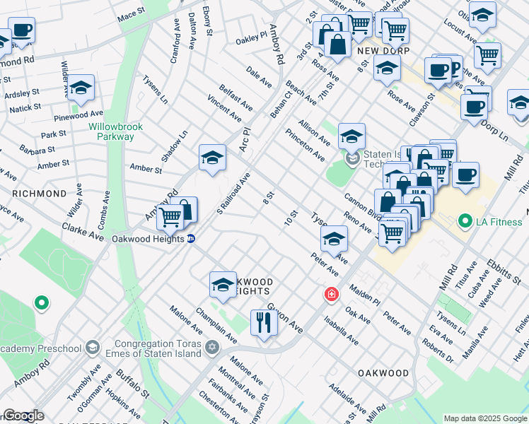 map of restaurants, bars, coffee shops, grocery stores, and more near 344 8 Street in Staten Island