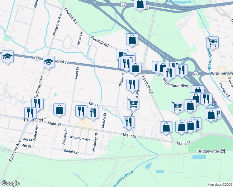 map of restaurants, bars, coffee shops, grocery stores, and more near 111 Billian Street in Bridgewater