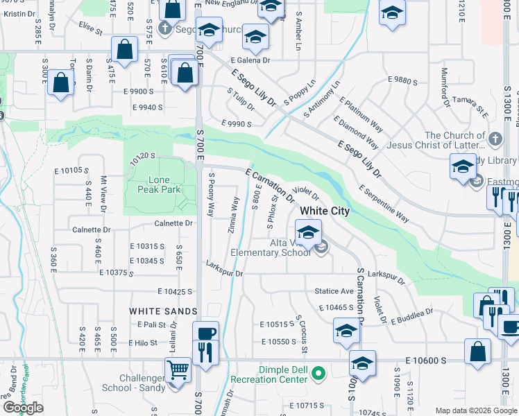 map of restaurants, bars, coffee shops, grocery stores, and more near 10195 Amaryllis Street in Sandy