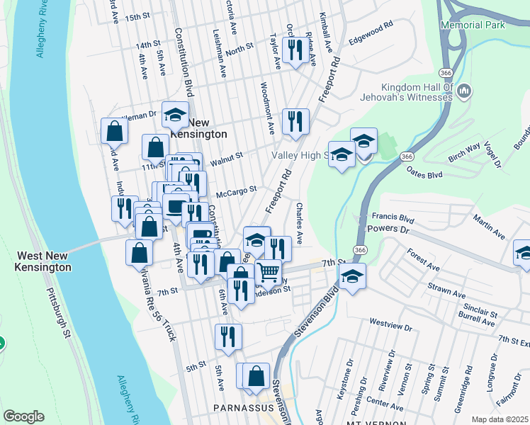 map of restaurants, bars, coffee shops, grocery stores, and more near 237 Freeport Road in New Kensington