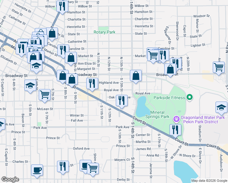 map of restaurants, bars, coffee shops, grocery stores, and more near 1210 Royal Avenue in Pekin