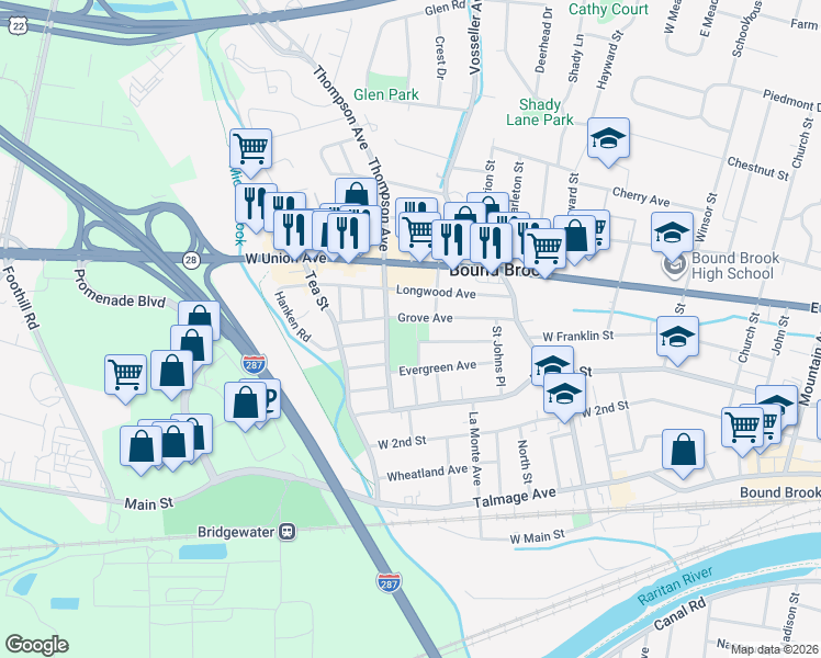map of restaurants, bars, coffee shops, grocery stores, and more near 10 Thompson Avenue in Bound Brook