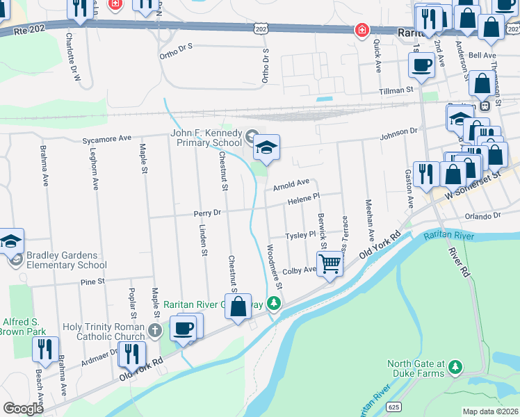 map of restaurants, bars, coffee shops, grocery stores, and more near 2 Obert Drive in Raritan