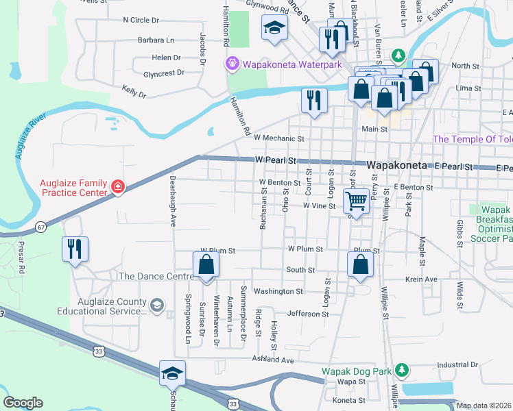 map of restaurants, bars, coffee shops, grocery stores, and more near 813 West Vine Street in Wapakoneta