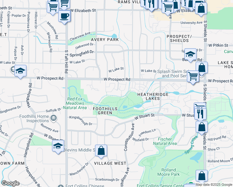 map of restaurants, bars, coffee shops, grocery stores, and more near 1700 Westbridge Drive in Fort Collins