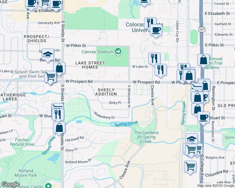 map of restaurants, bars, coffee shops, grocery stores, and more near 822 Juniper Lane in Fort Collins