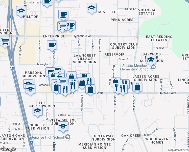 map of restaurants, bars, coffee shops, grocery stores, and more near 2851 Irwin Road in Redding