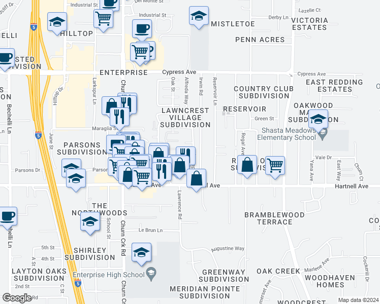 map of restaurants, bars, coffee shops, grocery stores, and more near 2846 Alfreda Way in Redding