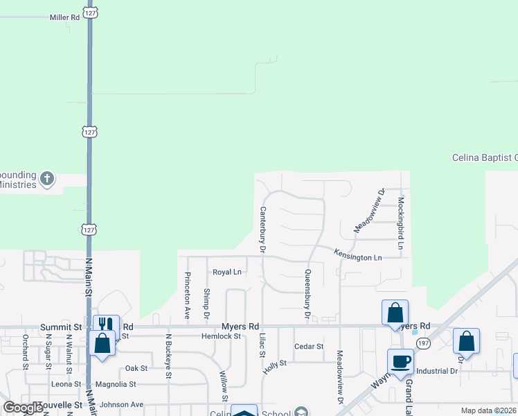 map of restaurants, bars, coffee shops, grocery stores, and more near 1214 Canterbury Drive in Celina