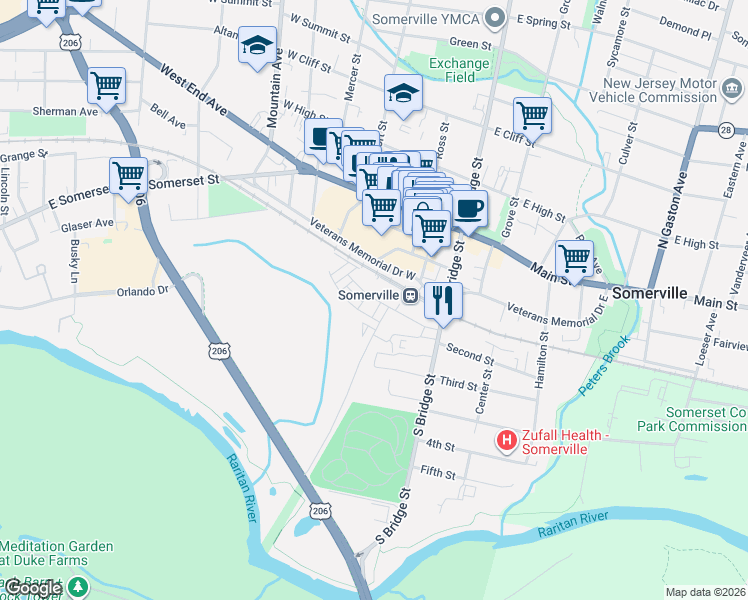 map of restaurants, bars, coffee shops, grocery stores, and more near 1 Veterans Memorial Dr W in Somerville